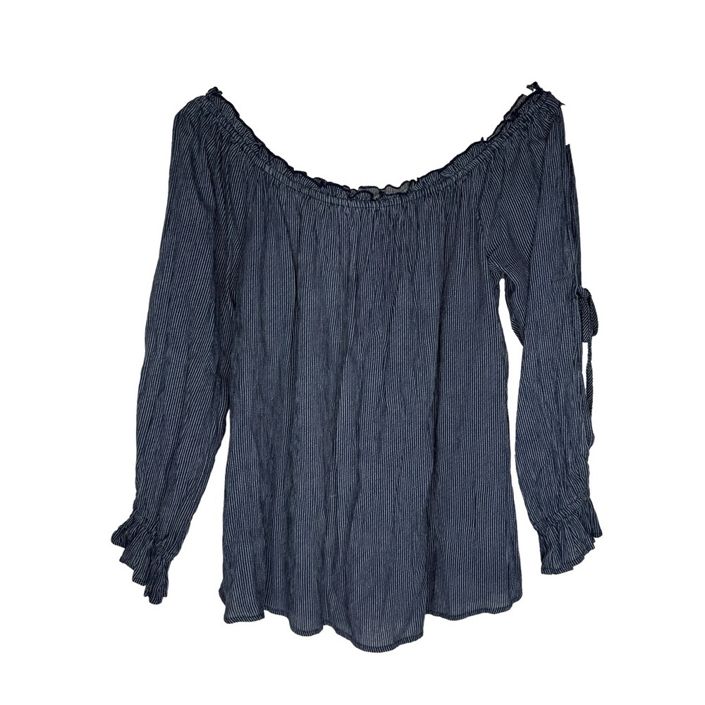 American Eagle Women's Navy Blue White Striped Off-Shoulder Top Vintage Y2K 2000